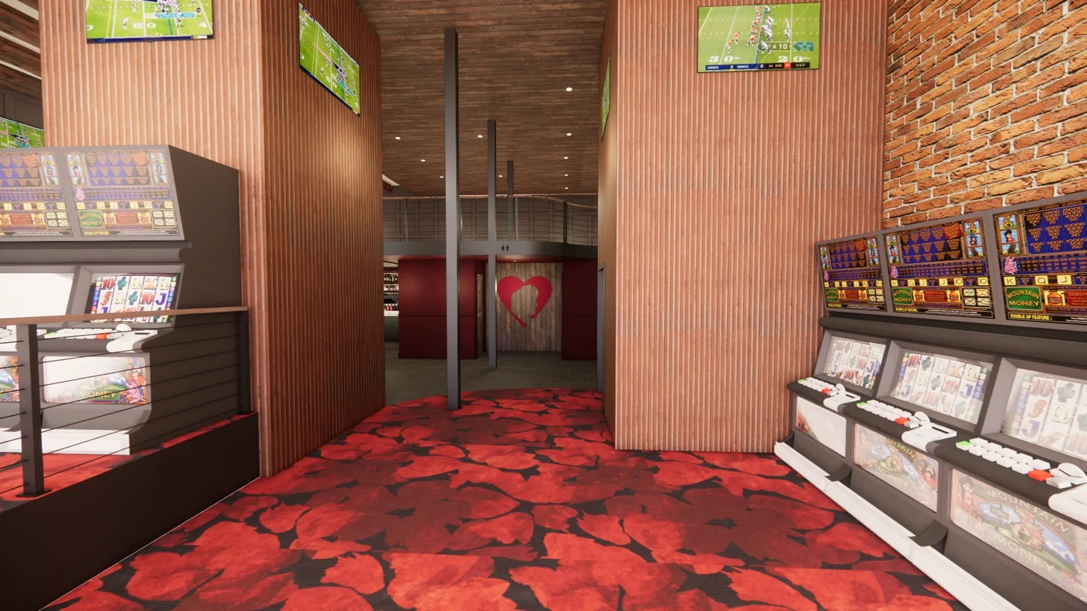Architectural rendering of the planned Baby Doe's casino floor with exposed brick, gaming areas, bar, staircase, and mezzanine